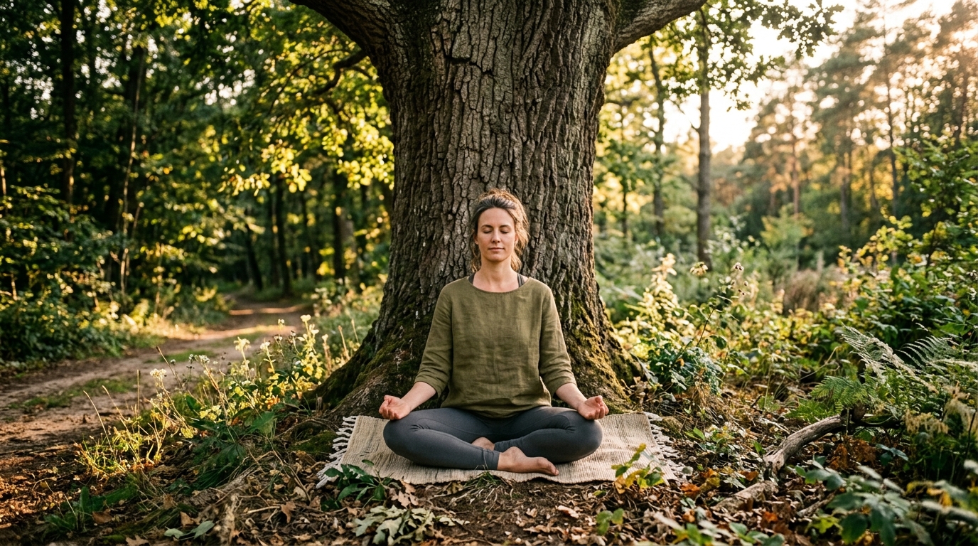 Woman meditating peacefully in natural outdoor setting