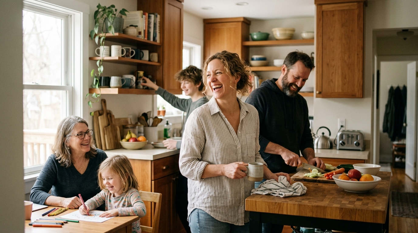 Woman enjoying natural family moment with genuine ease