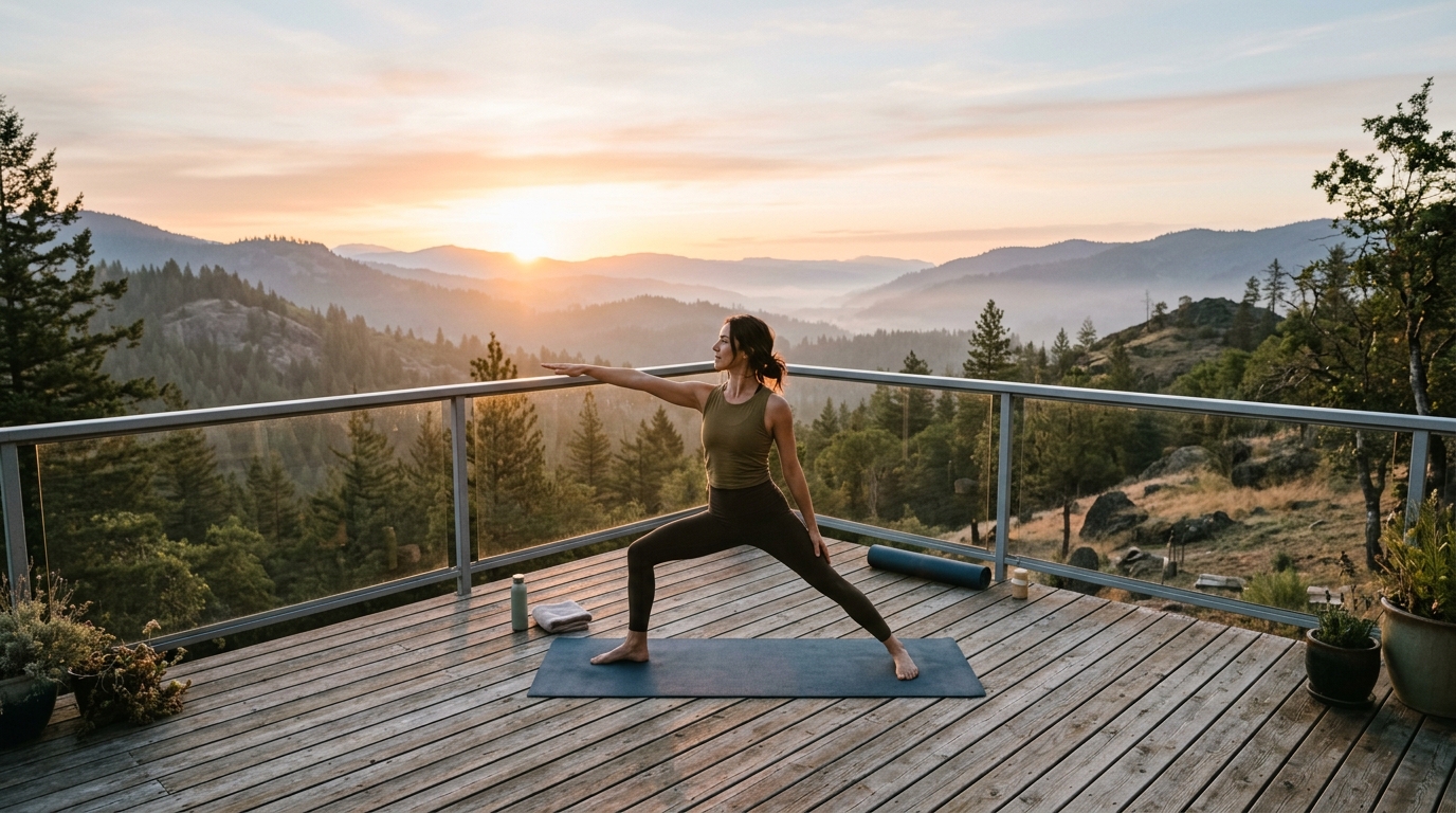 Woman flowing through yoga poses at sunrise