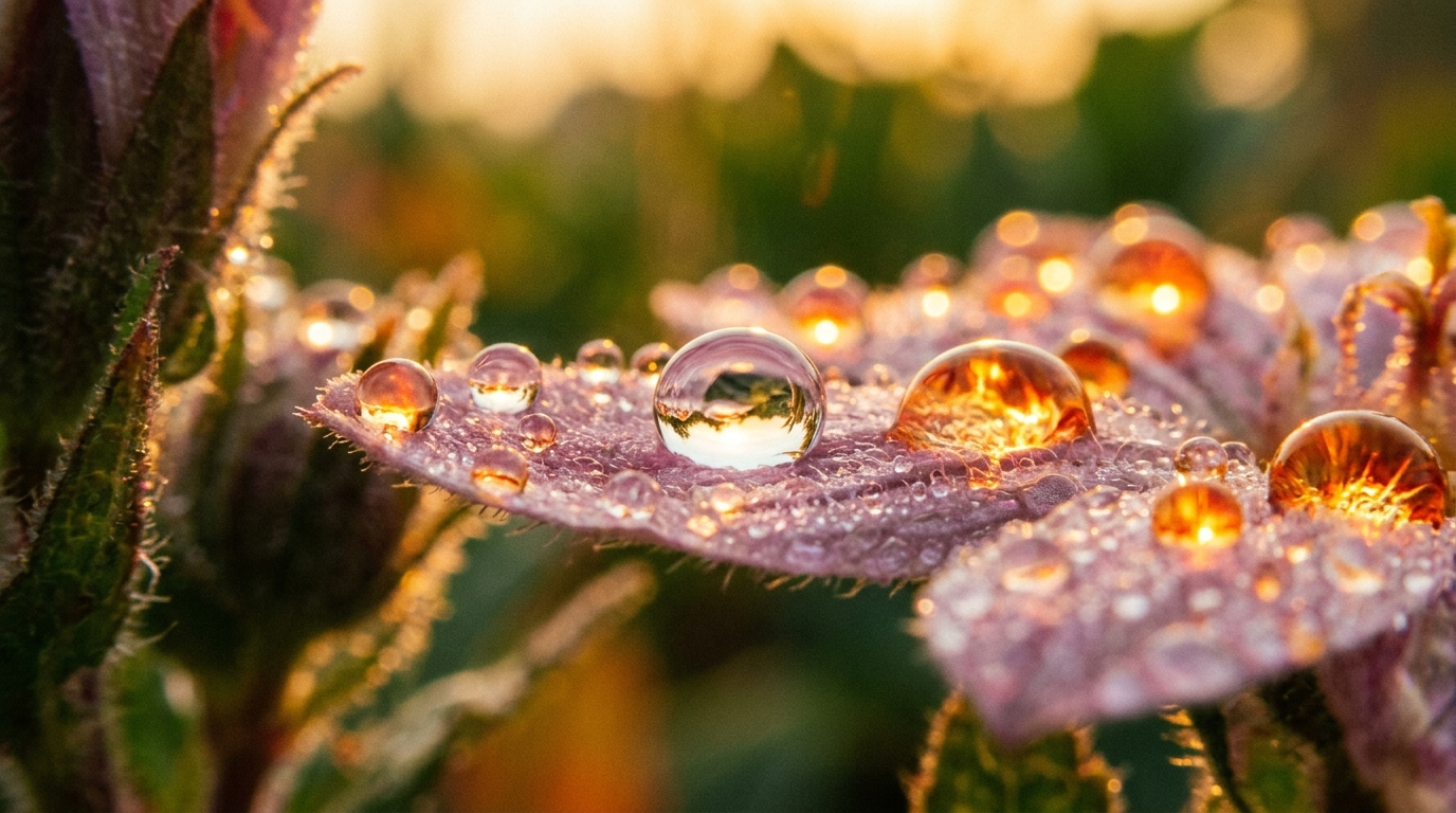 morning dew flower petals energy droplets cellular power metaphor