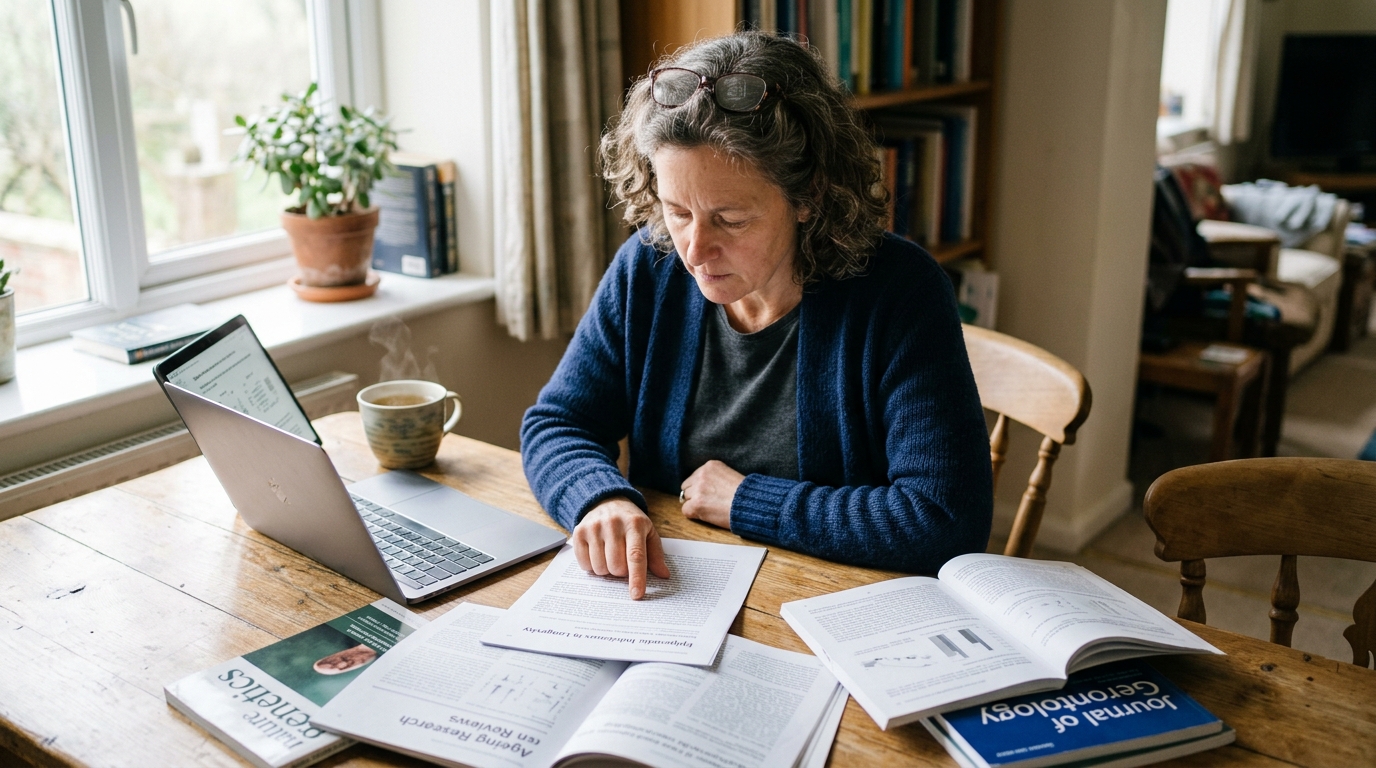 woman researching cellular health studies morning table concentration discovery