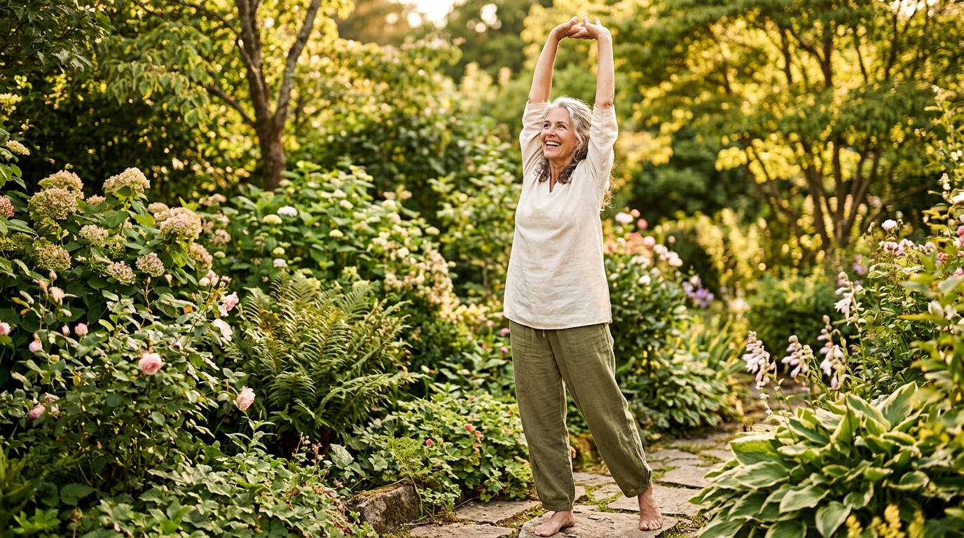 energetic woman stretching garden natural vitality cellular health glow