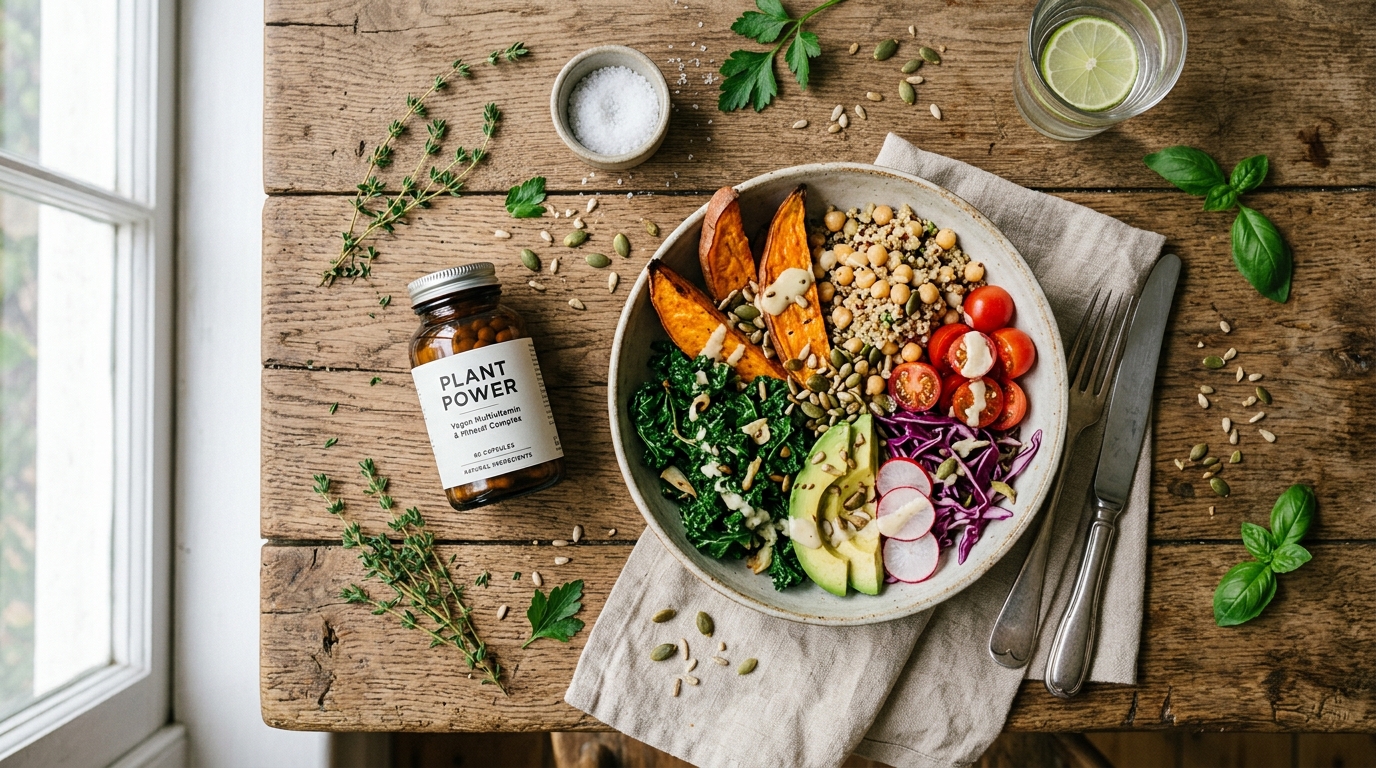 plant based meal supplement integration nutrition longevity overhead view