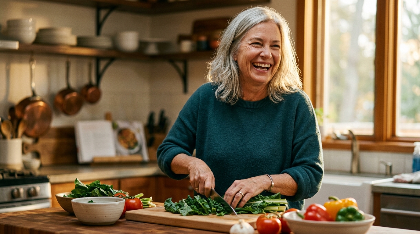 joyful woman cooking kitchen aging gracefully laughter contentment thriving