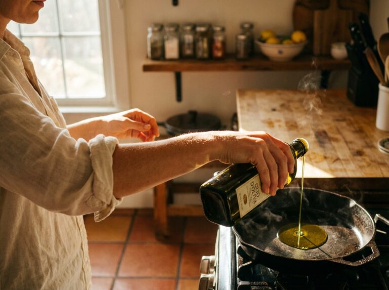Woman pouring olive oil into a warm pan in a sunlit kitchen