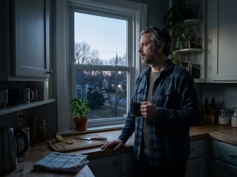 Man standing at kitchen window in early pre-dawn light holding a mug
