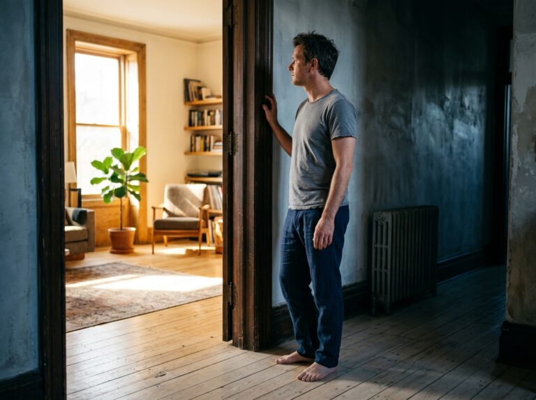 Man standing in doorway between dim hallway and sunlit morning room barefoot on hardwood floor