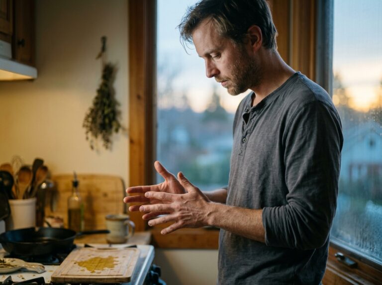A man holds both hands open in early morning kitchen light examining them with quiet attention
