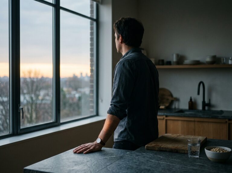 Man standing by kitchen window in early morning light with quiet stillness