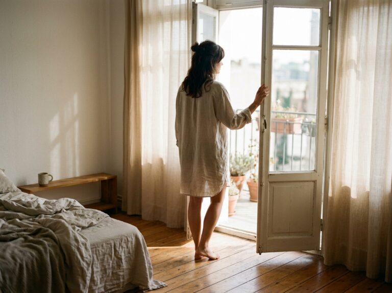 Woman standing in morning light by sheer curtain in quiet bedroom