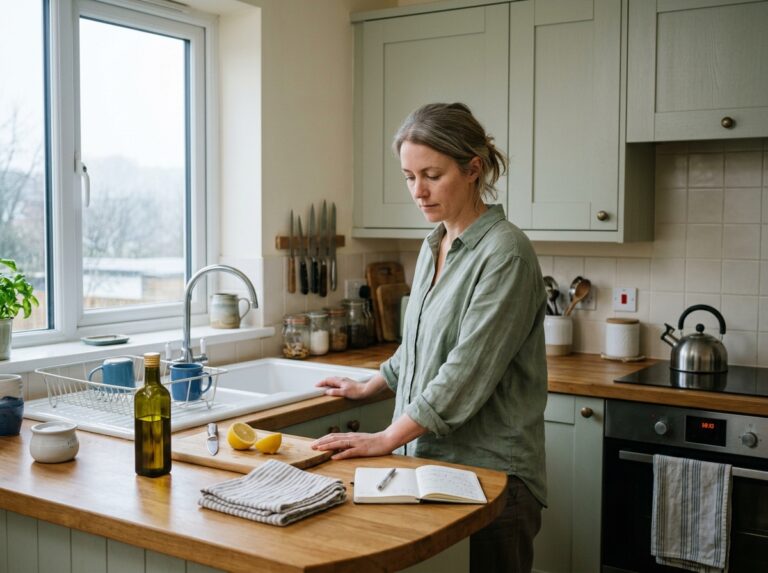 Woman standing thoughtfully in kitchen on overcast morning