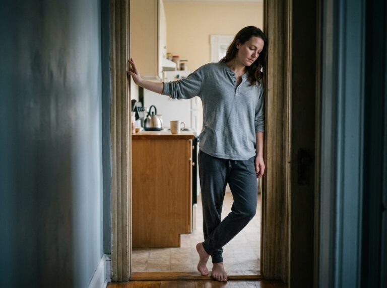 Woman pausing in doorway between hallway and kitchen in morning light