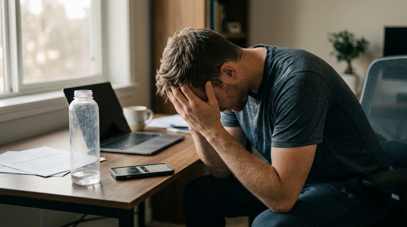 exhausted man at desk after workout burnout