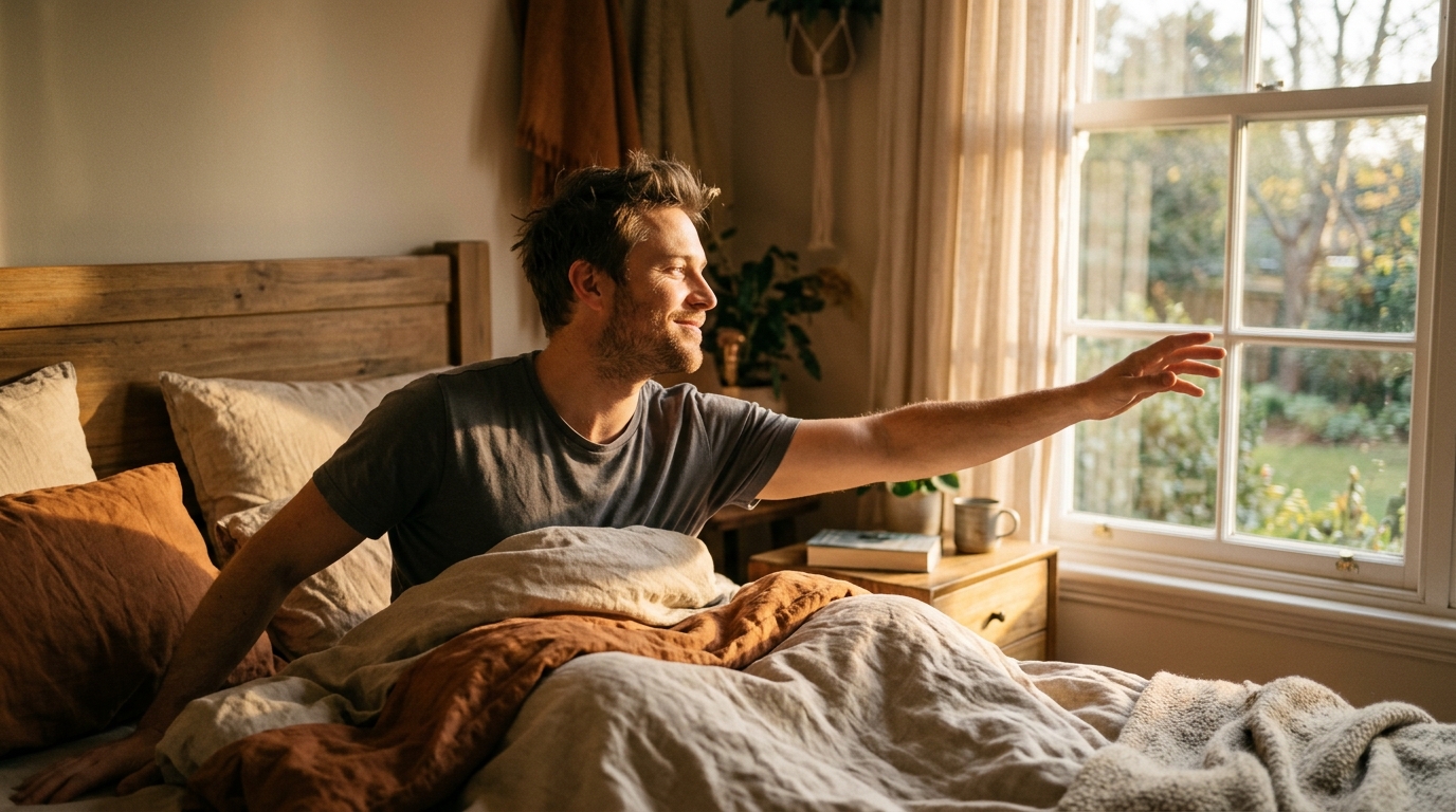 man waking refreshed in morning sunlight
