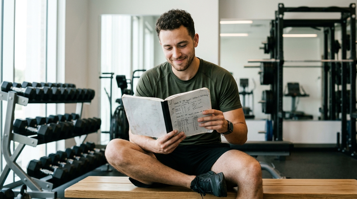 confident man reviewing training progress notes