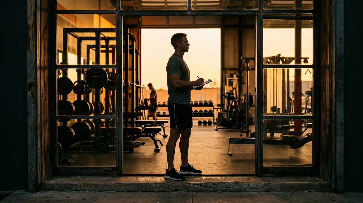 man silhouetted in gym doorway planning ahead