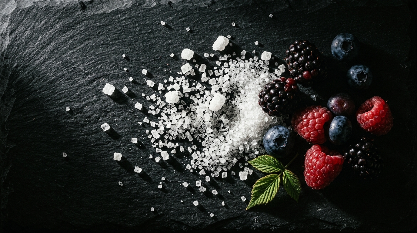 refined sugar crystals contrasted with fresh berries overhead