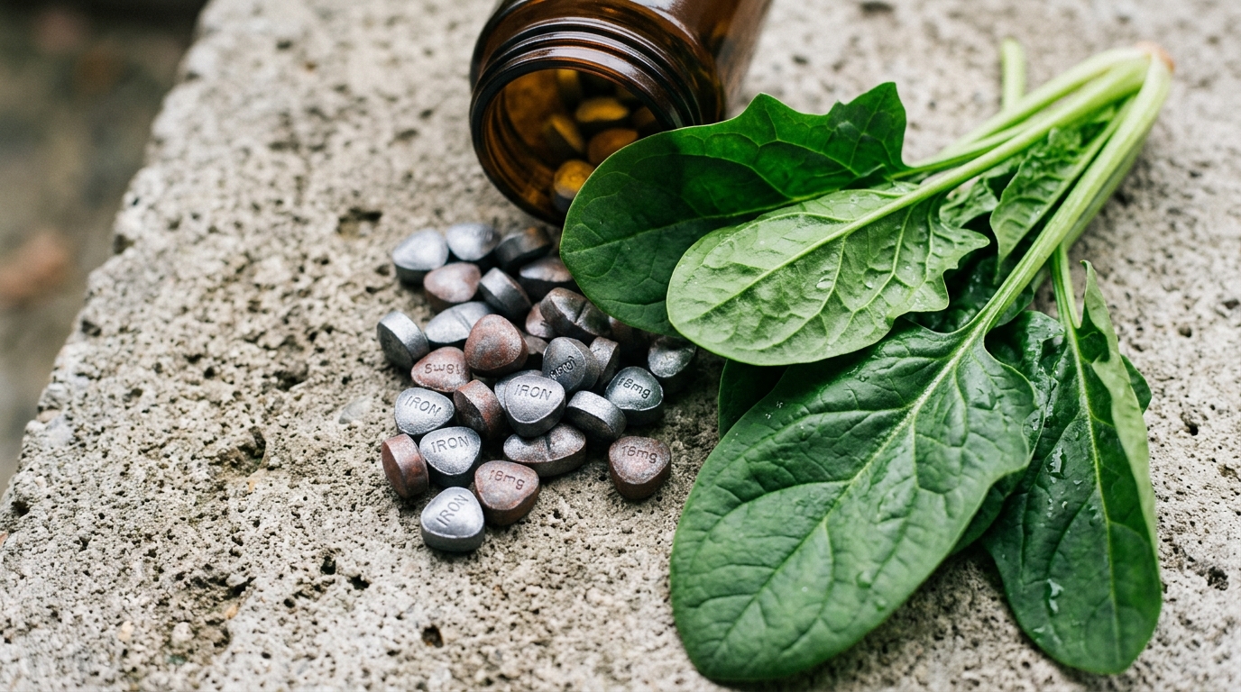 iron supplement pills scattered beside fresh spinach leaves