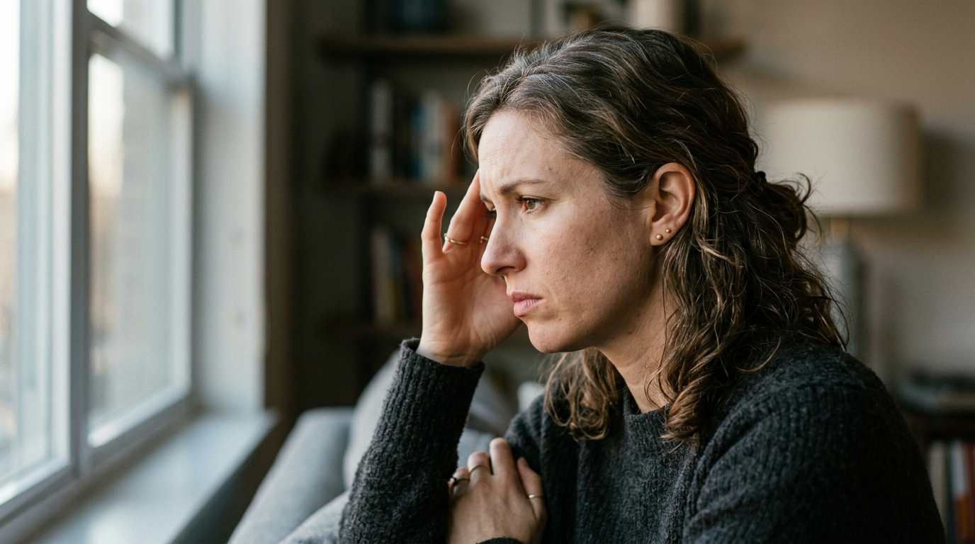 woman touching temple experiencing mild discomfort profile
