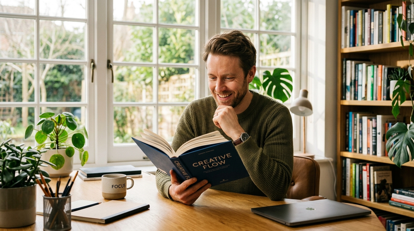 man reading with clear focused eyes at desk