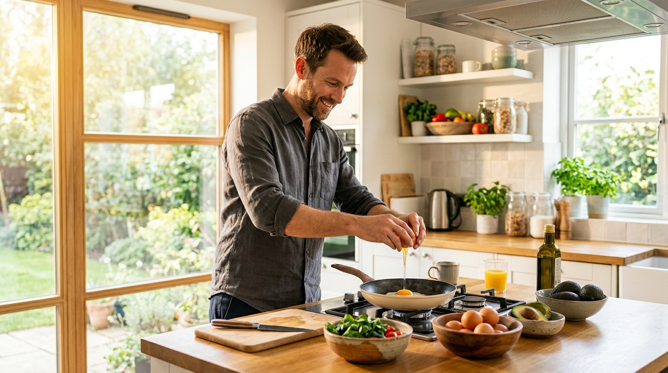 man preparing healthy breakfast in bright morning kitchen