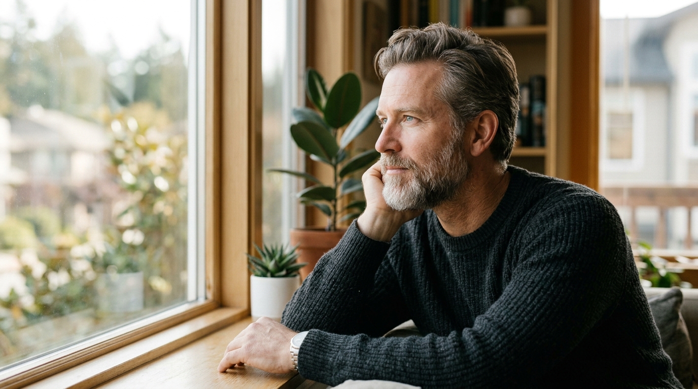 man looking out window with calm confident expression