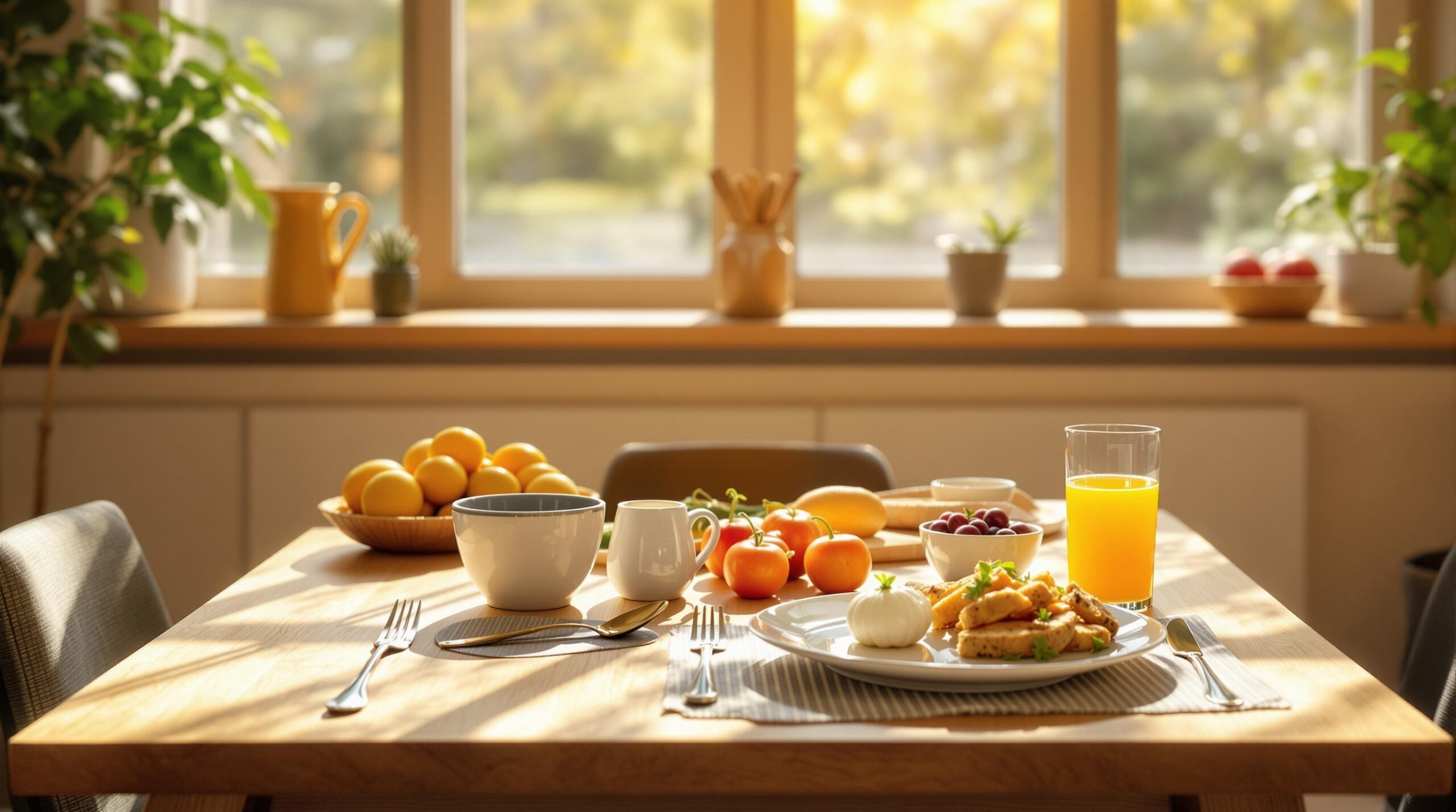 A cozy kitchen table scene showing a small C15:0 supplement bottle, a glass of water, a plate of whole foods, and a sleep-related item, all suggesting a morning routine for energy.