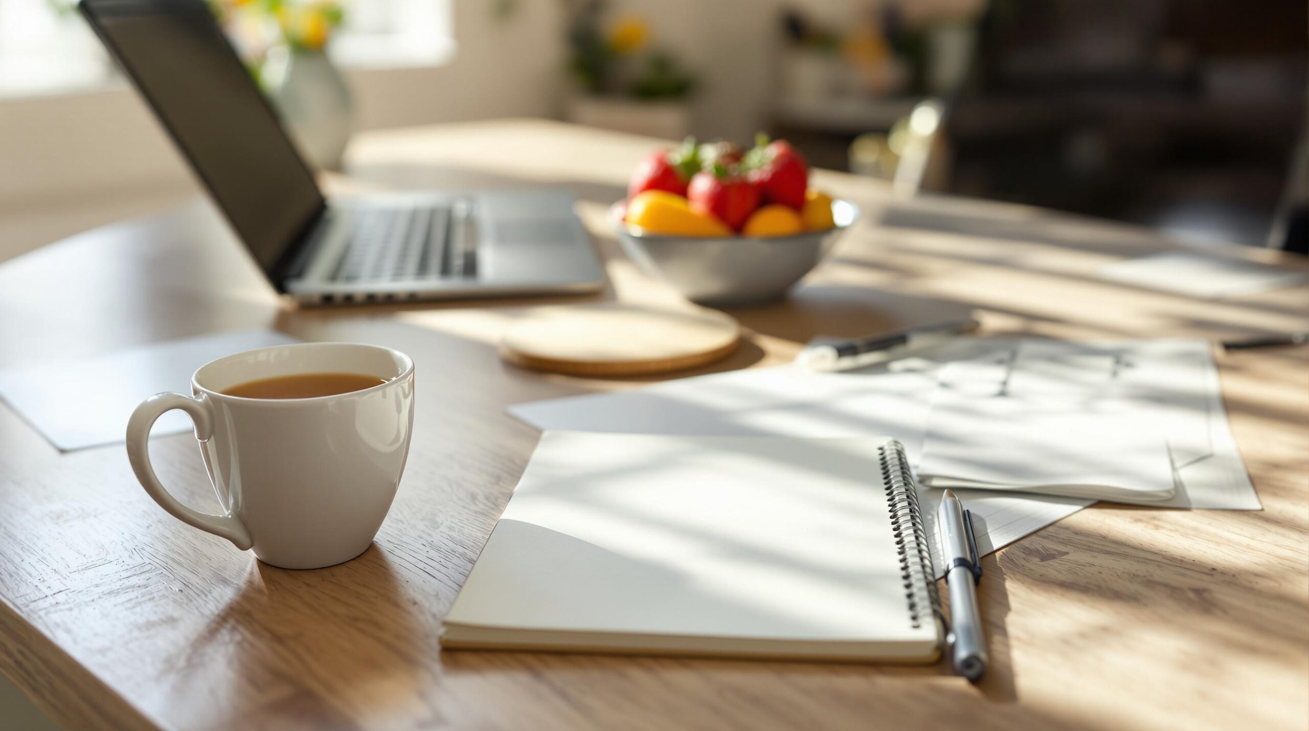 A sunny table setup with a notepad, laptop, and herbal tea.
