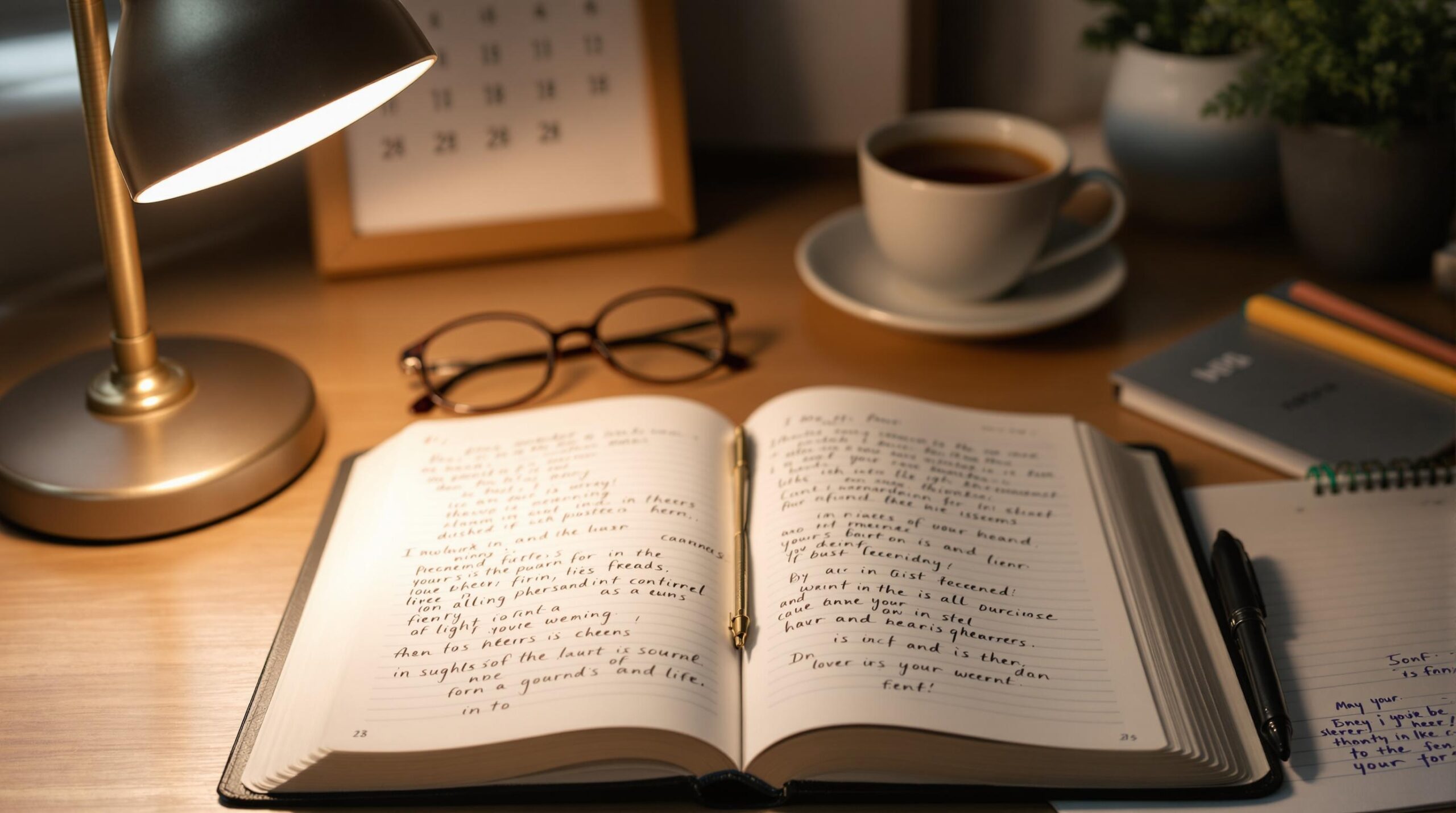 An open journal with notes and reading glasses under warm lighting.