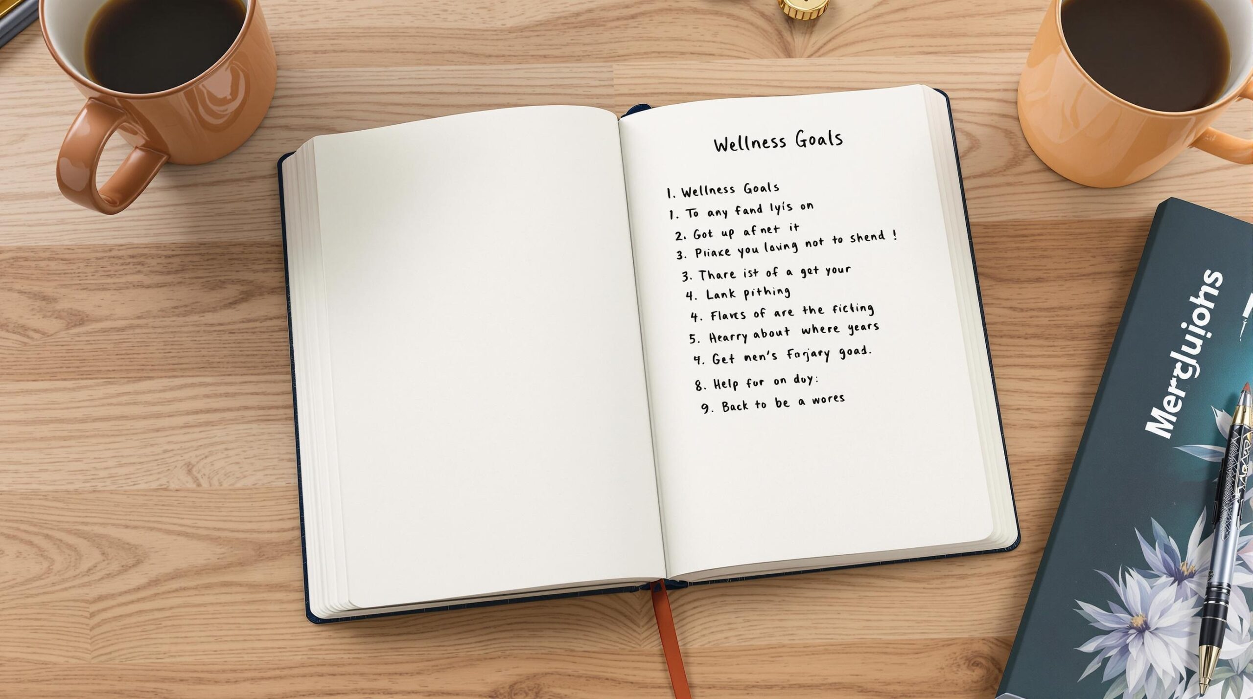 Open journal with a wellness goals list beside a mug on a wooden desk.