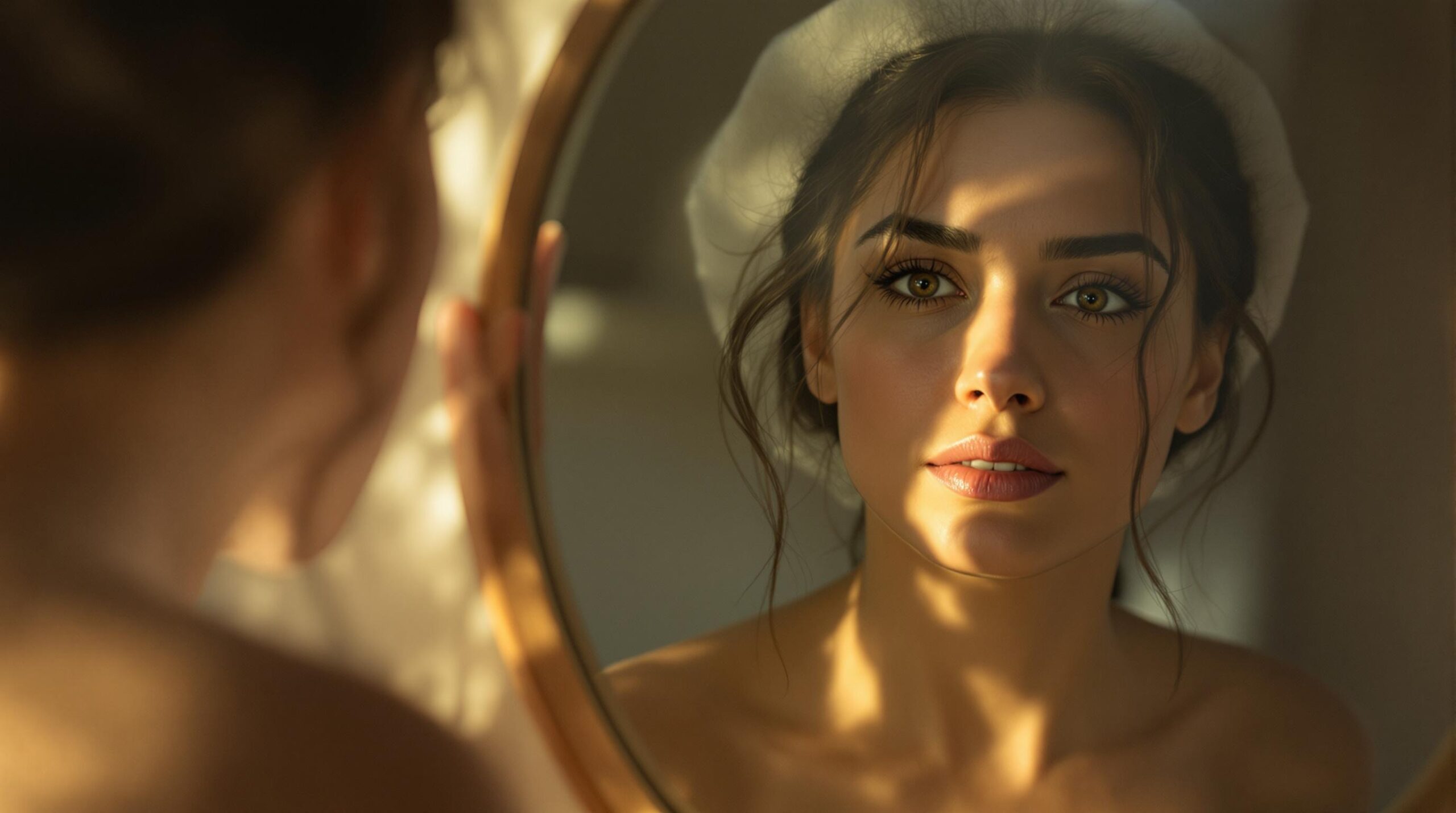 A woman’s dual reflection showing contrasting emotional states.