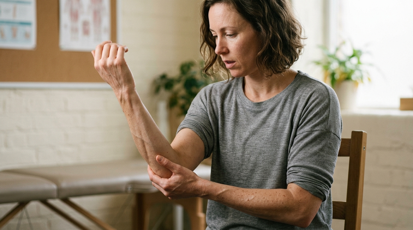 Woman examining her arm muscles thoughtfully