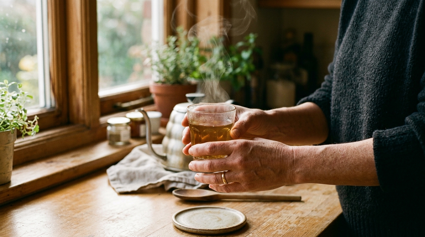 Hands holding morning tonic in kitchen light
