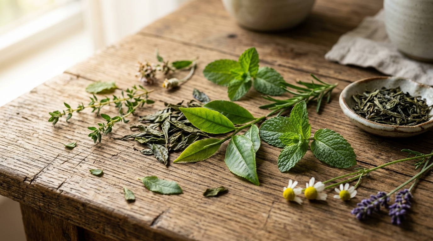 Green tea leaves and metabolic herbs arrangement