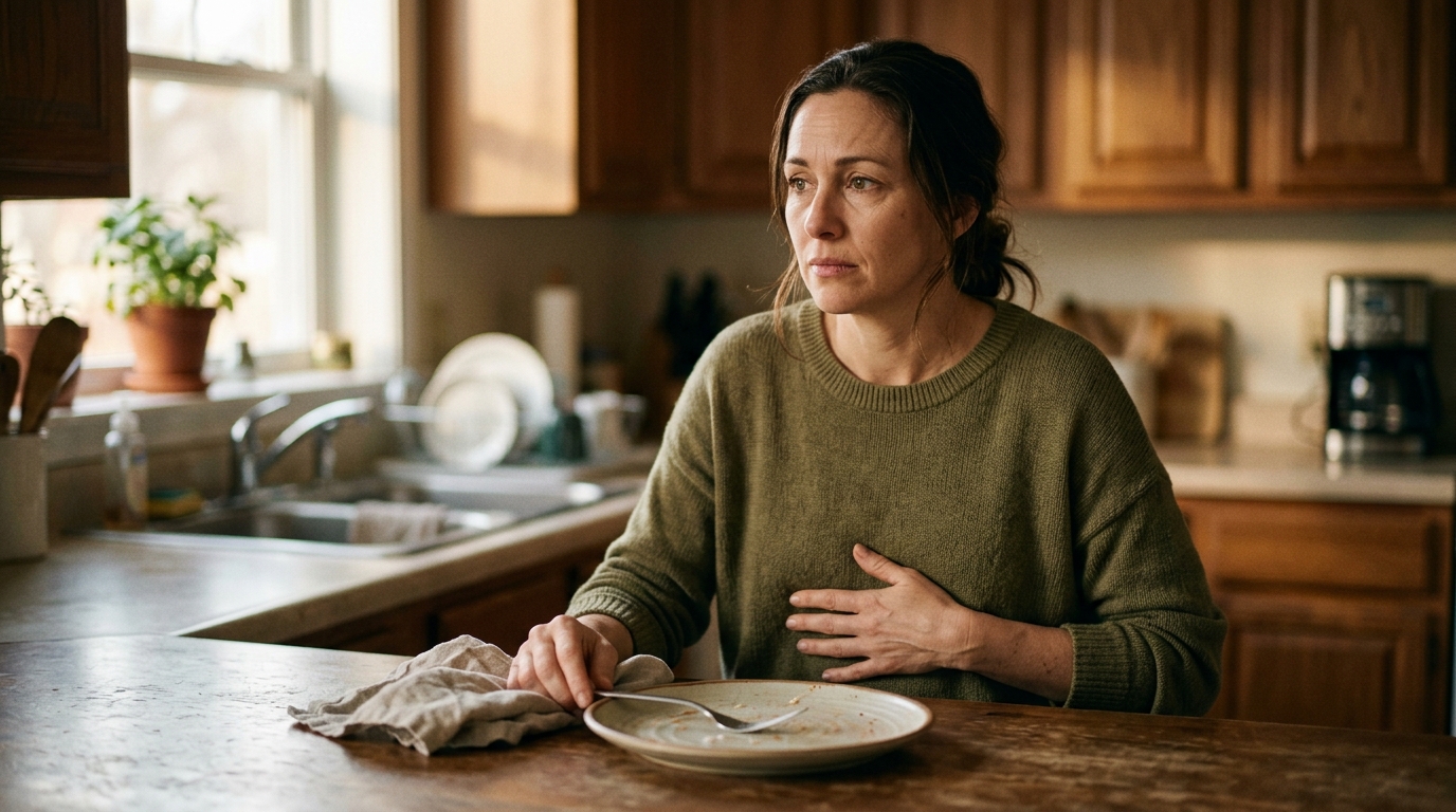 woman contemplative after meal kitchen counter