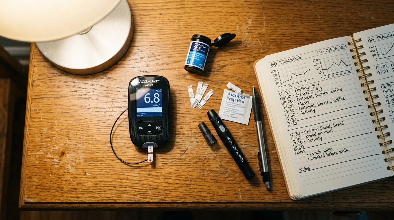 blood glucose monitor tracking charts notebook desk