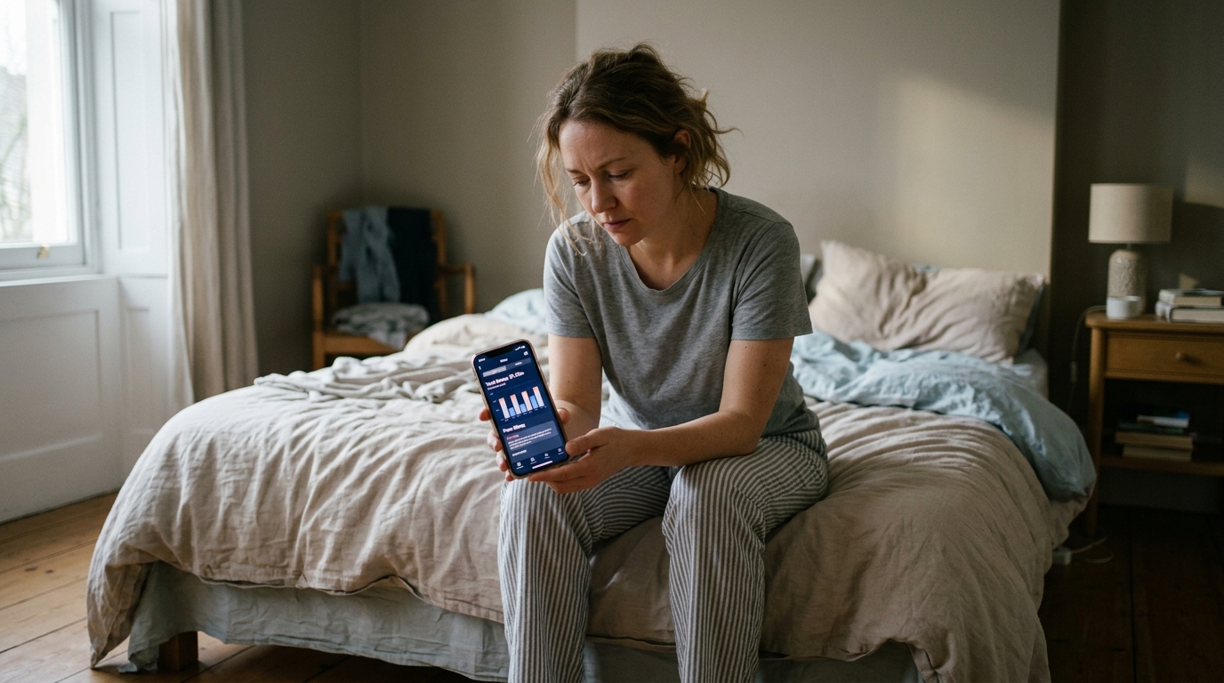 woman checking sleep tracker feeling tired despite hours slept