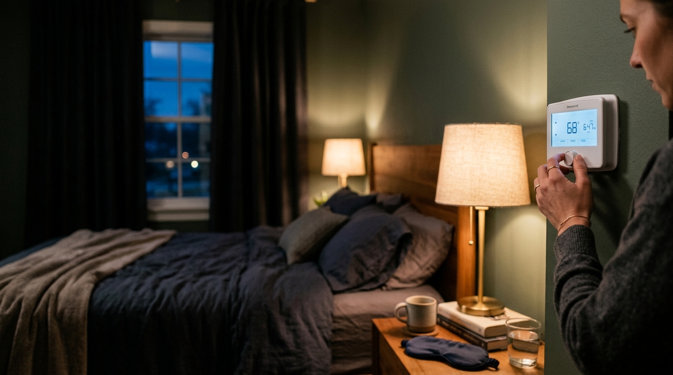 woman preparing bedroom environment for optimal sleep