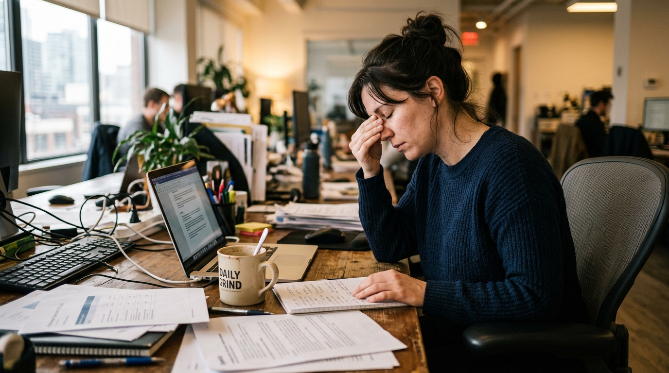 woman experiencing afternoon energy dip at work desk