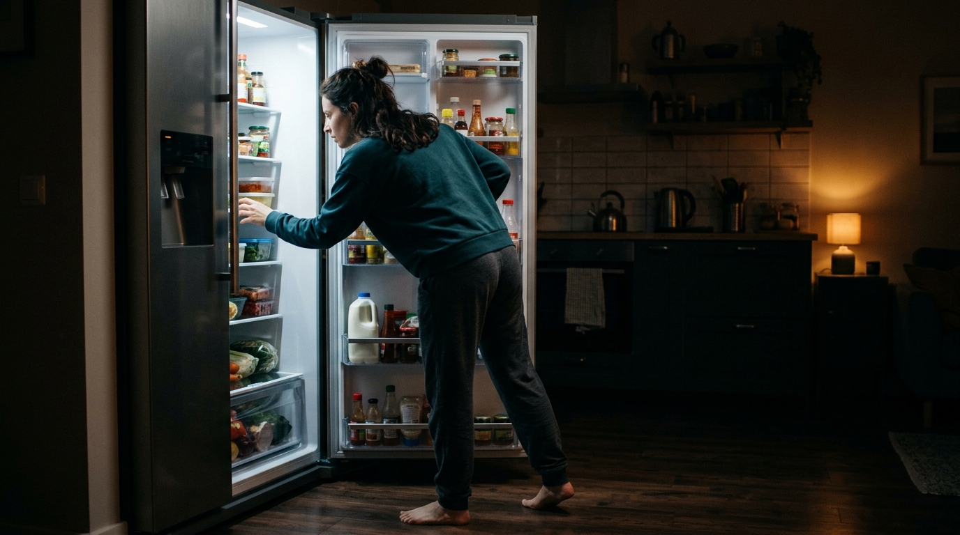 woman searching through refrigerator in evening light