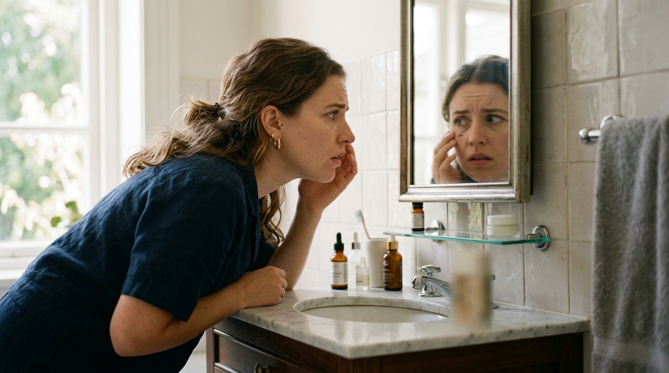 woman examining skin closely bathroom mirror morning