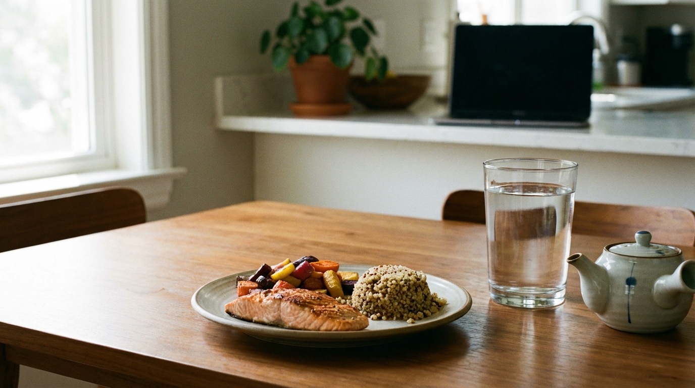 Simple balanced meal and water glass on a sunlit table