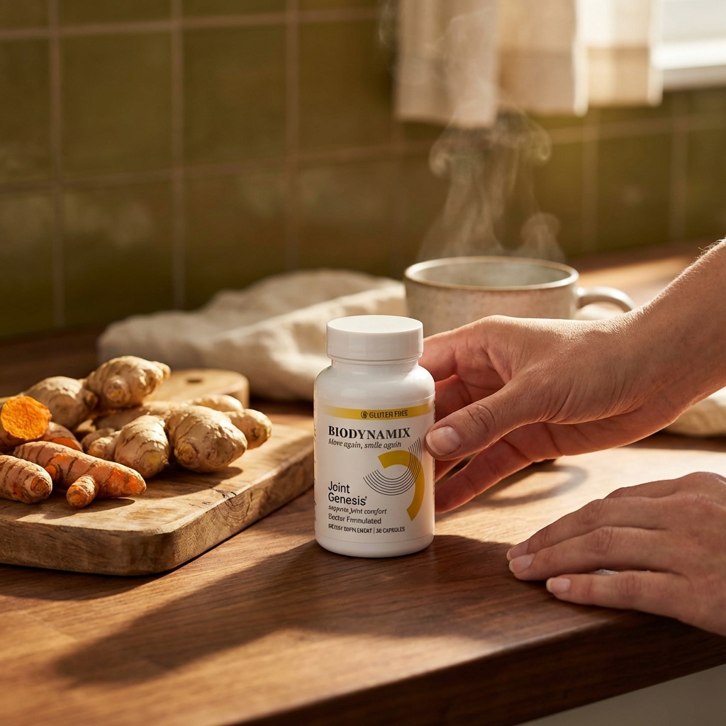 Joint Genesis bottle on kitchen counter with fresh ginger and turmeric