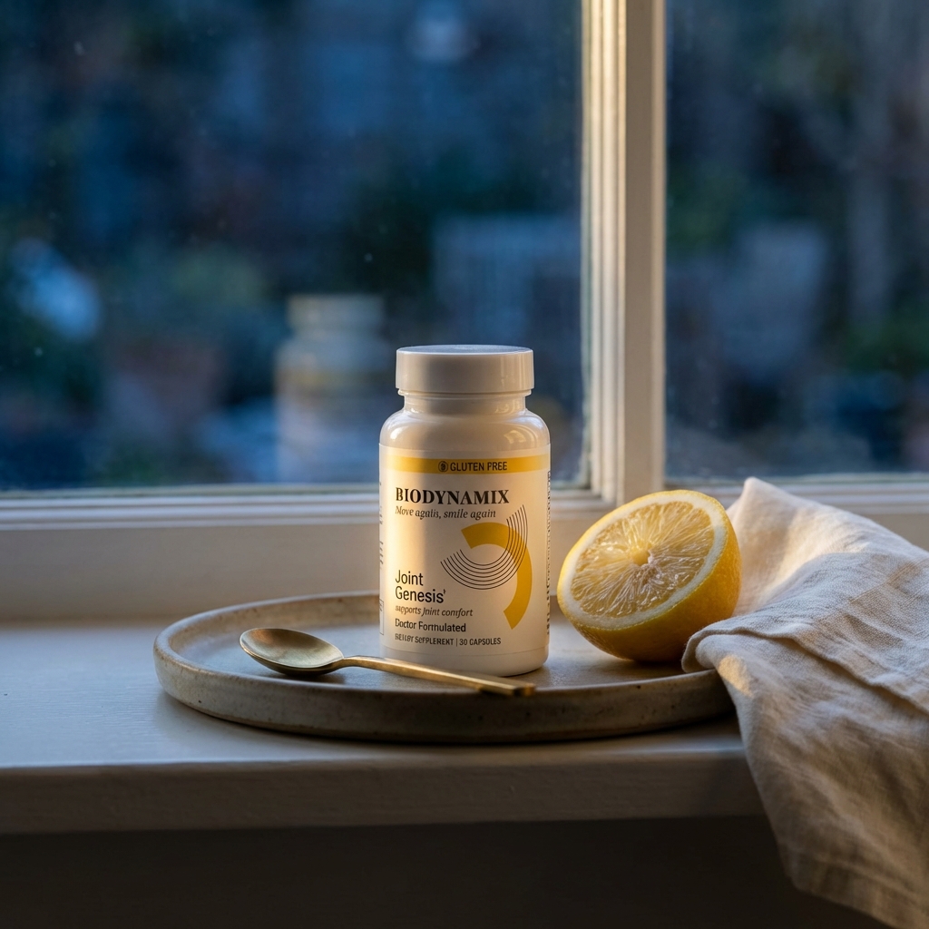 Joint Genesis bottle on a windowsill tray at dusk with lemon and linen
