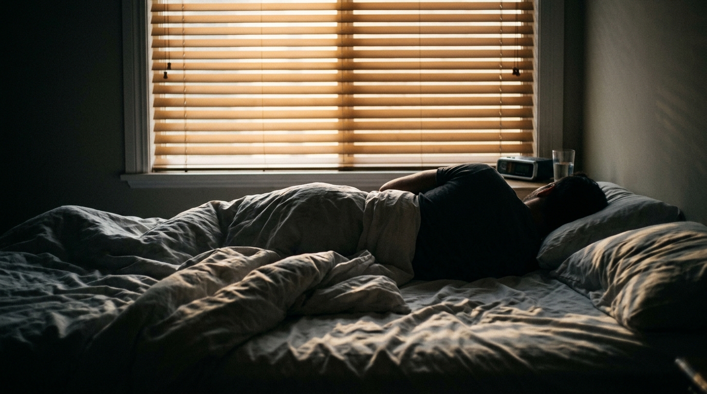 man reluctant to wake in morning bed