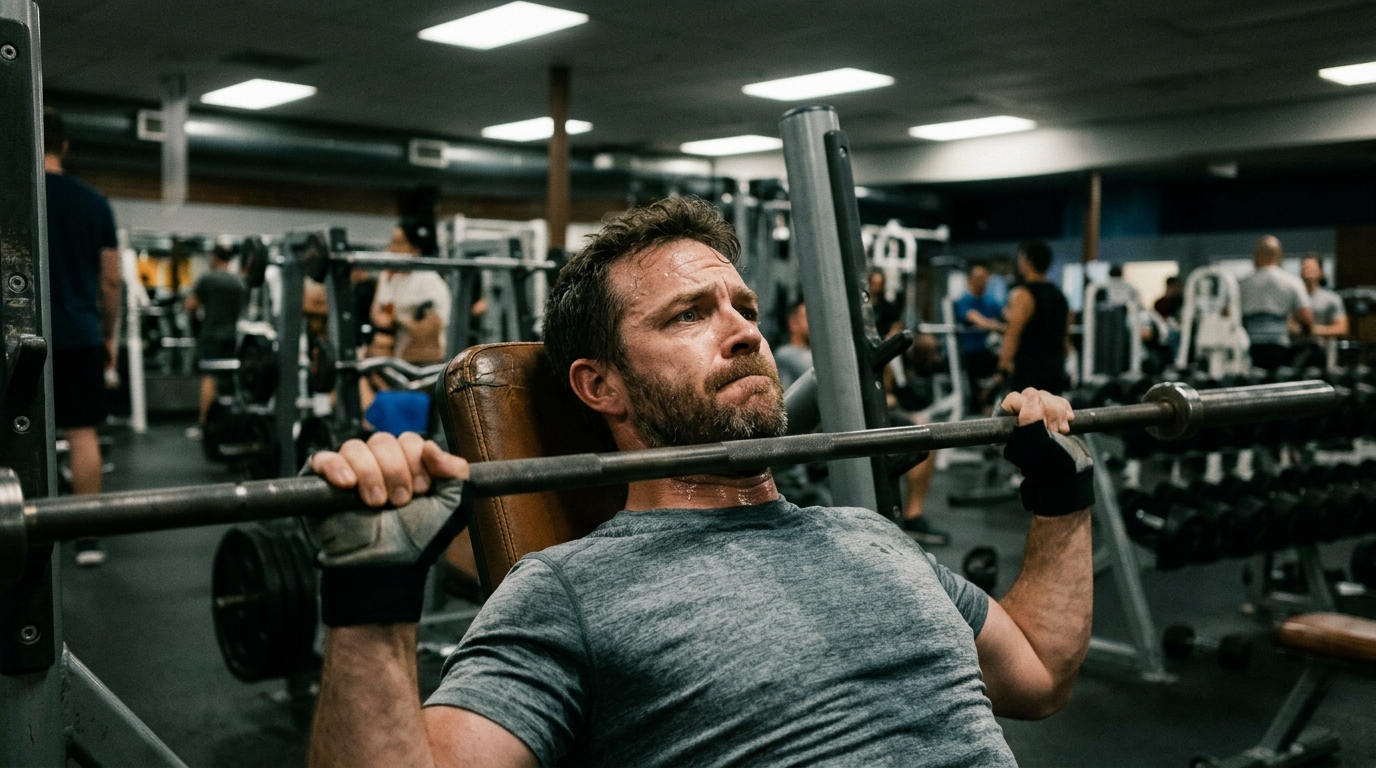 man struggling with weights at gym