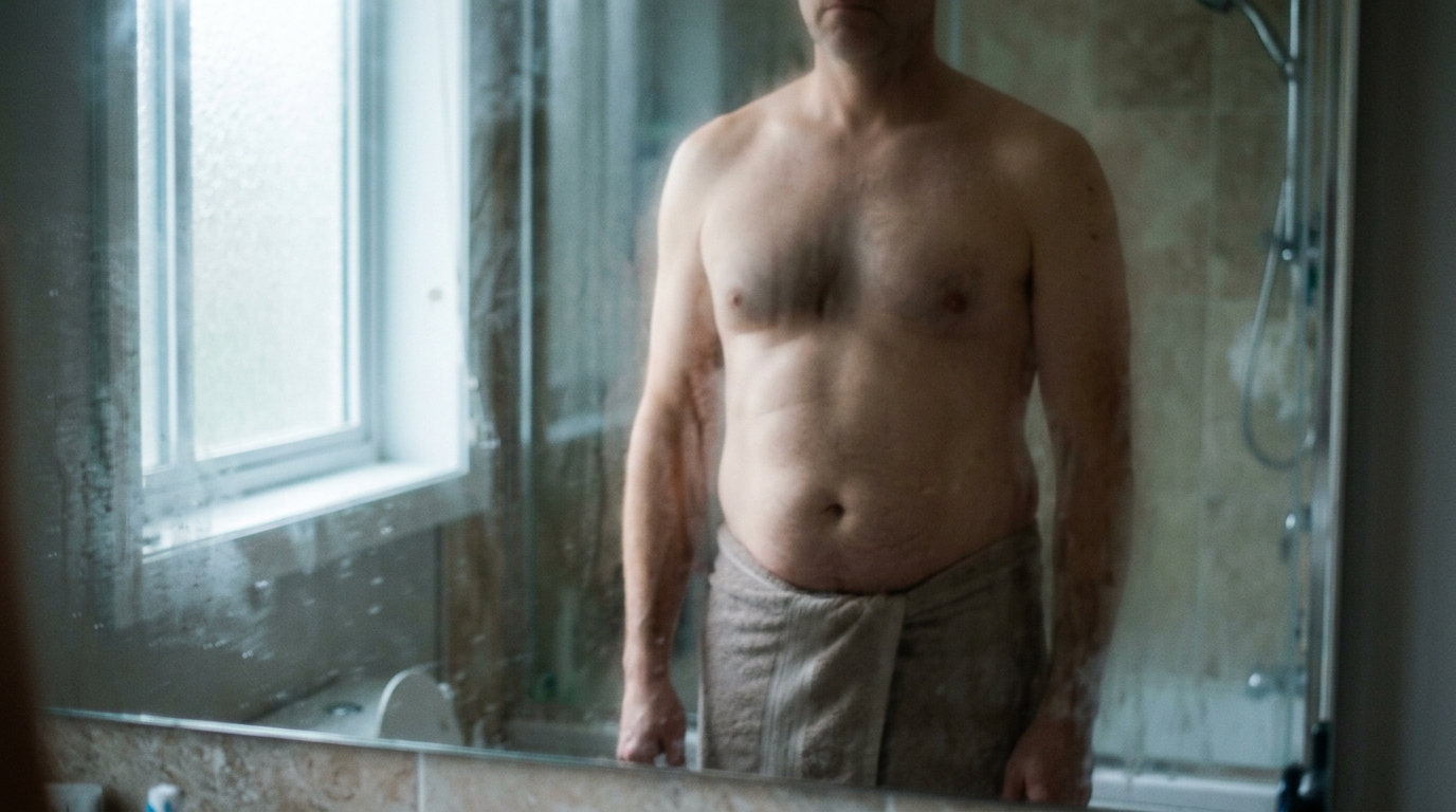 man examining body changes in mirror