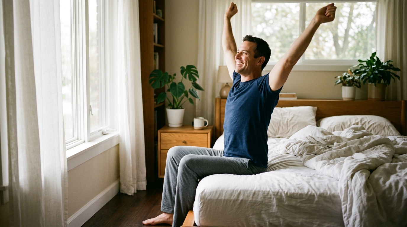 man waking energized in bright morning