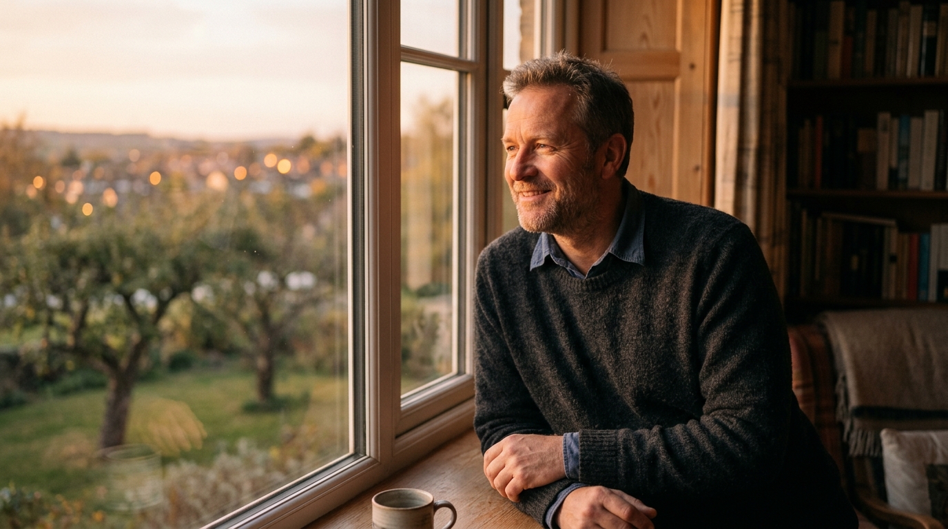 confident man in peaceful evening light