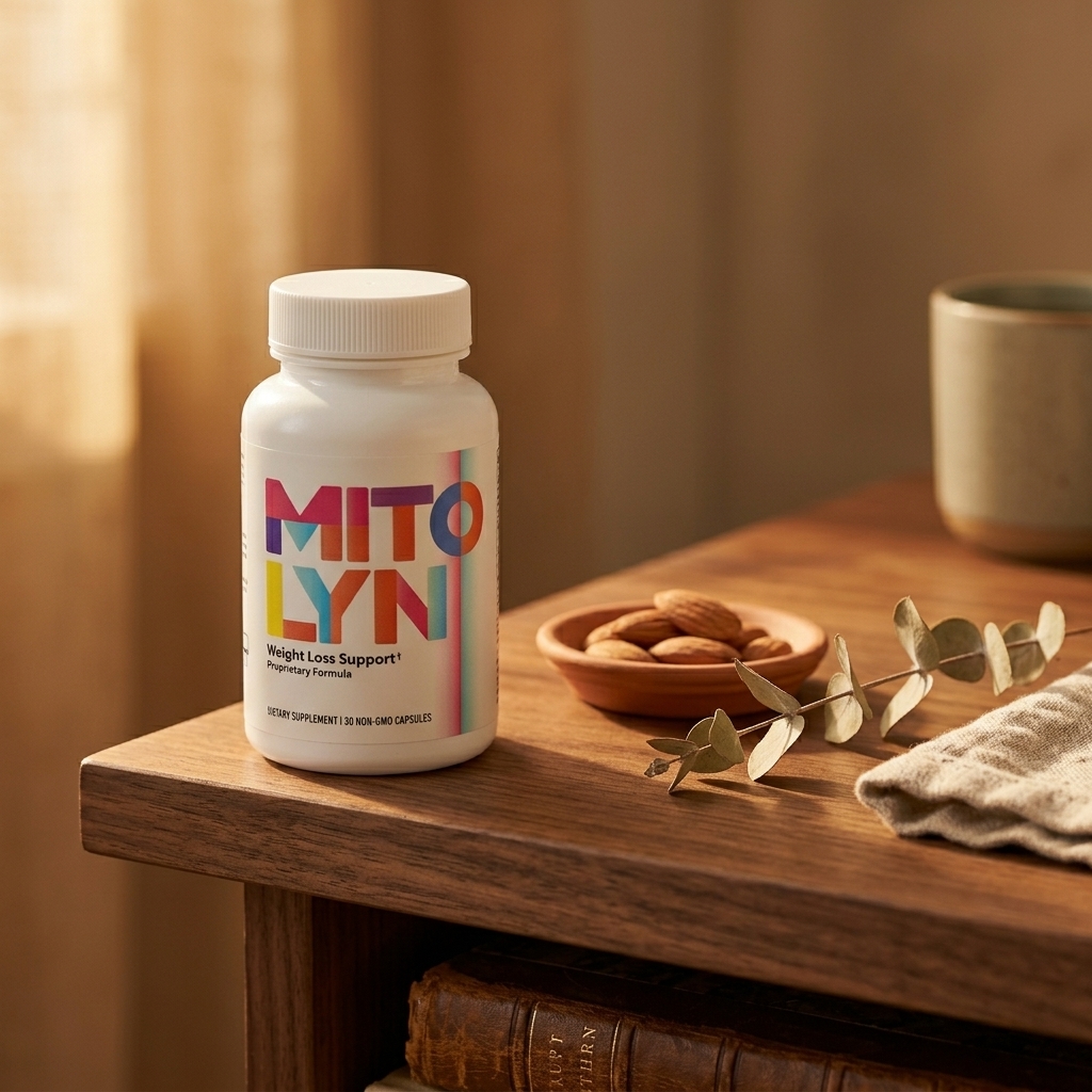 Mitolyn bottle on walnut shelf in warm golden hour light with almonds and eucalyptus